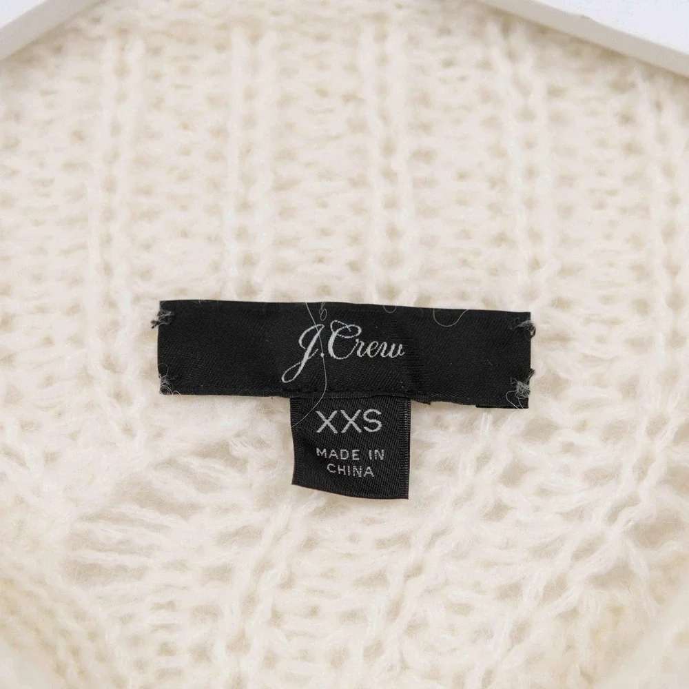 J CREW Pointelle Cable Knit Alpaca Blend Sweater‎ Boxy Mock Neck Ivory Fuzzy XXS